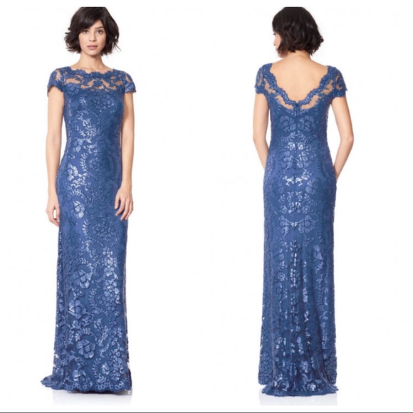 Tadashi Shoji PAILLETTE EMBROIDERED LACE CAP SLEEVE GOWN - Picture 1 of 10